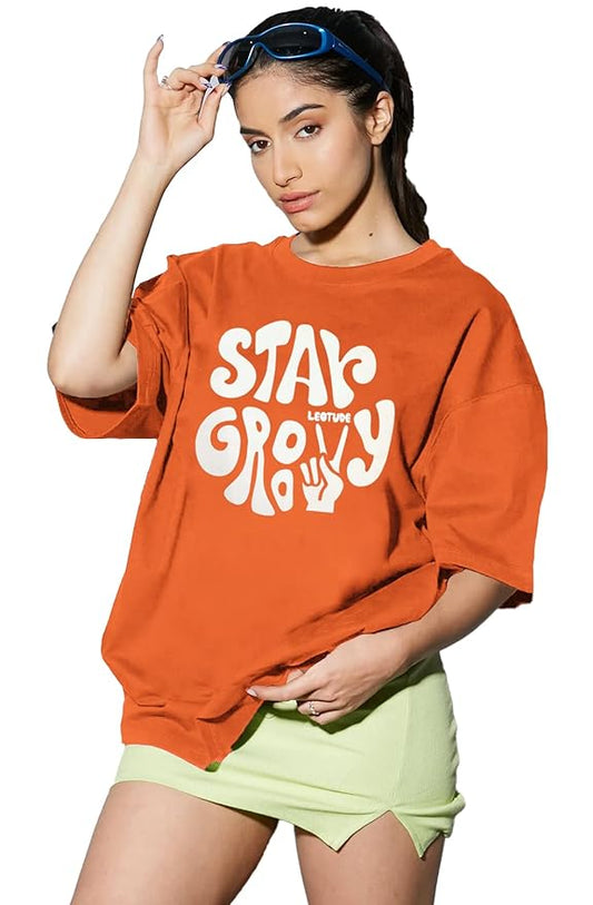 LEOTUDE Half Sleeve Oversized Tshirt for Women, Round Neck Longline Drop Shoulder, Colorful Printed T-Shirt (Color Orange) - Xtrioelite