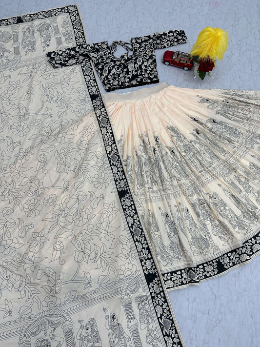 BLACK AND WHITE SHADES COTTON KALAMKARI PRITNED LEHENGA